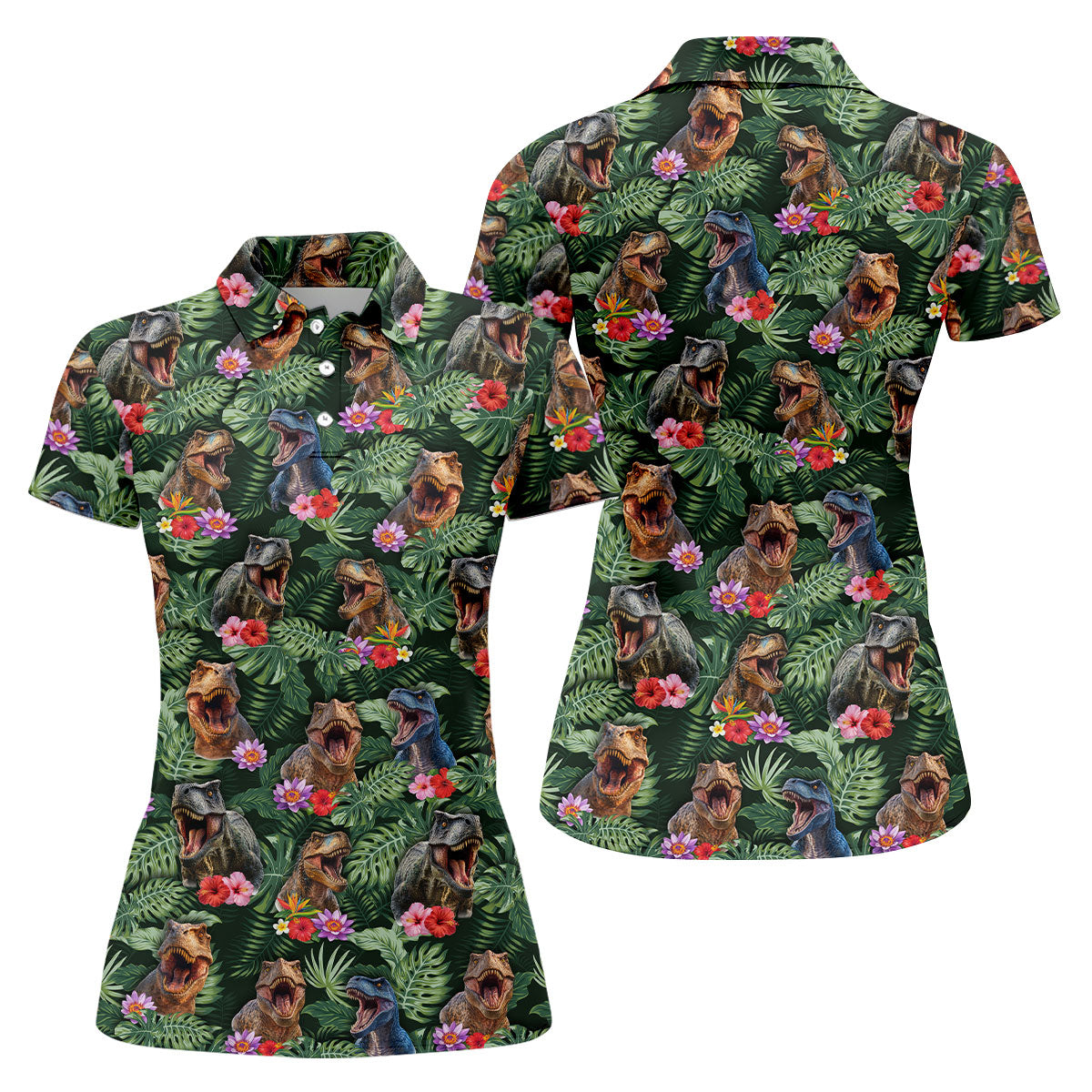 Tropical T Rex Floral Pattern Hawaiian Golf Polo, Golf Tops For Women, Golfing Apparel