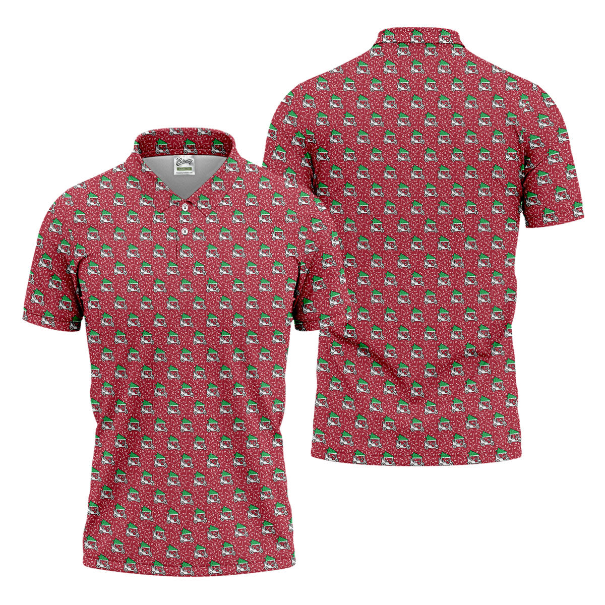 Christmas Golf Cart Pattern Red Men's Golf Tops, Christmas Golf Shirt, Polo Shirts For Men