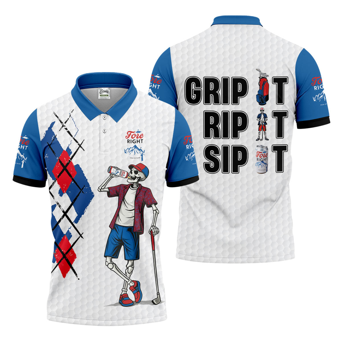 Fore Right Funny Skeleton Golf And Beer Red White Men's Funny Golf Shirts, Polo Shirts For Men