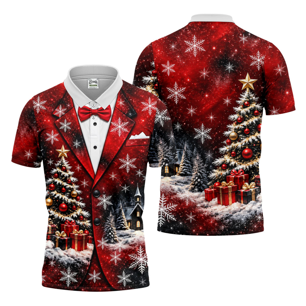Tuxedo Tree Snowflakes Christmas Golf Shirt, Golf Shirts For Men, Mens Golf Apparel