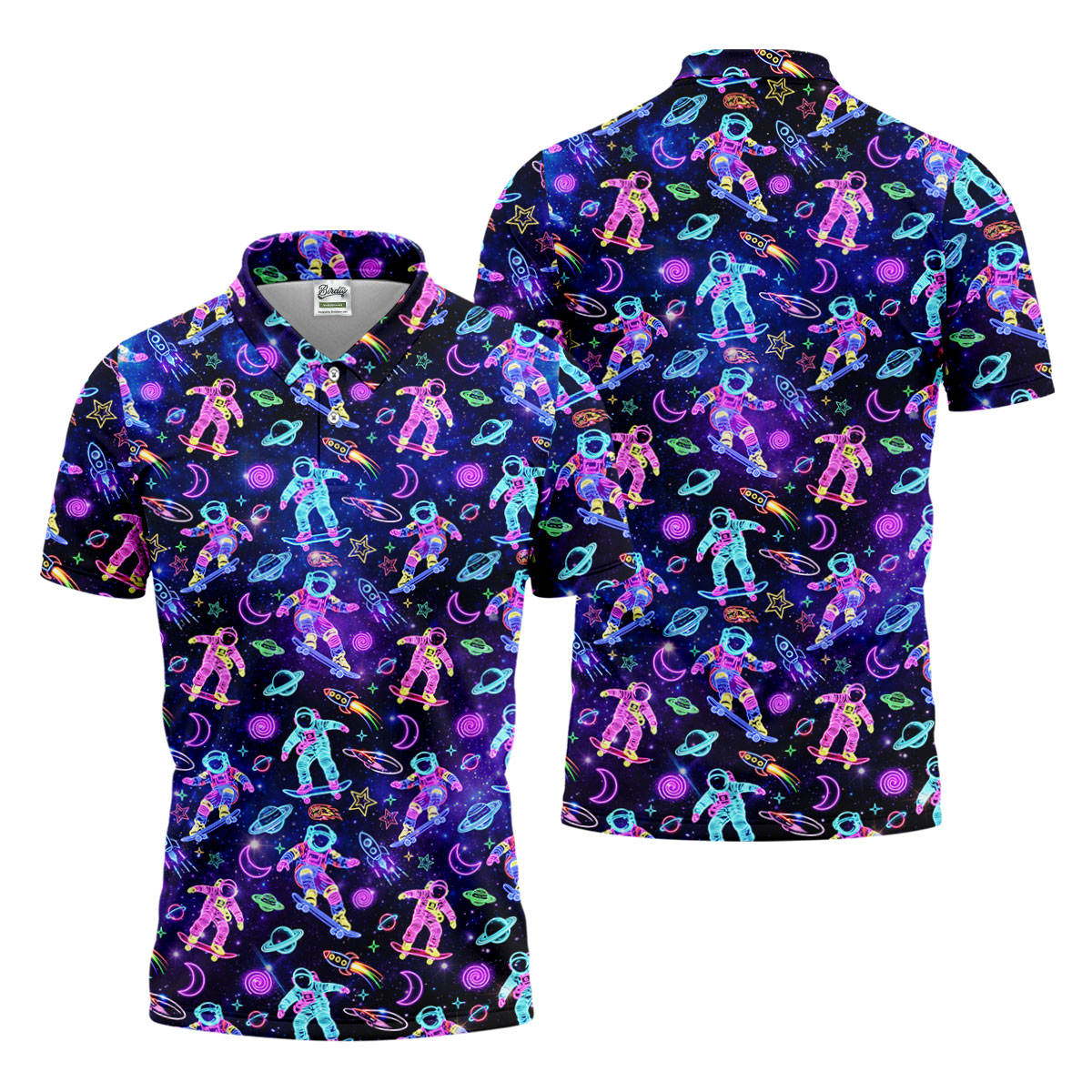 Neon Astronaut Skateboarding Galaxy Polo Shirt, Mens Golf Shirts, Golf Polo Shirts For Men, Printed Golf Shirts
