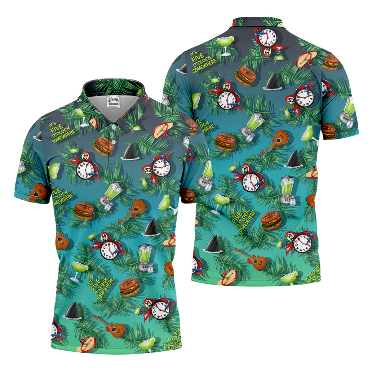 Teal Tropical Cocktail Parrot Pattern Golf Polo Shirt, Men's Golf Shirt, Golf Polo Shirts For Men