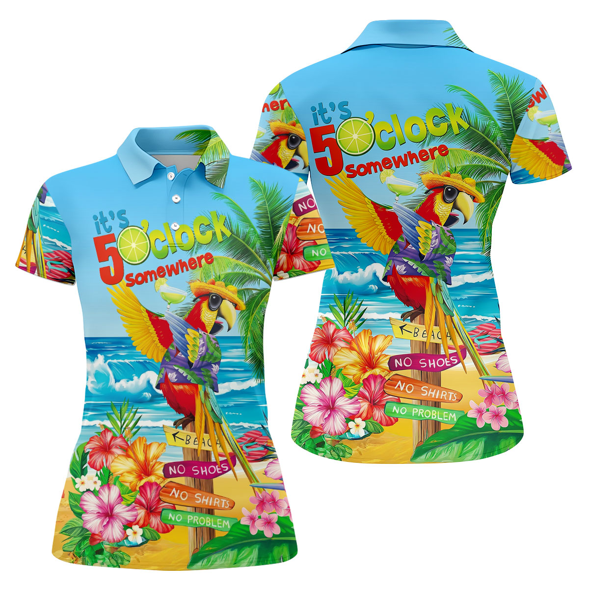 It's 5 O'Clock Somewhere Tropical Parrot Hawaiian Golf Shirt, Women's Golf Tops