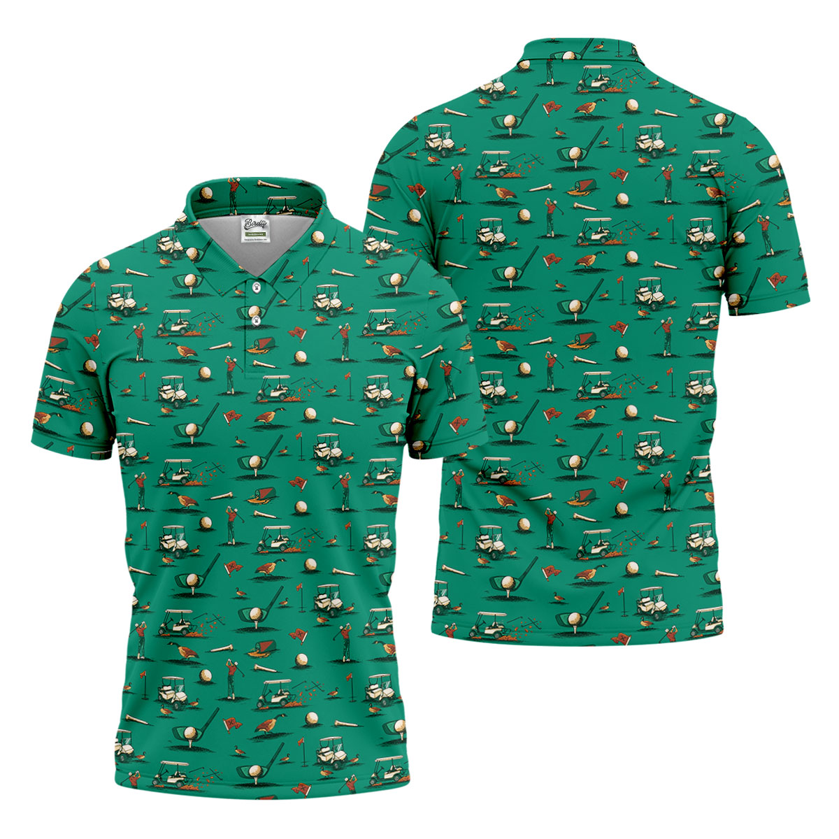 Funny Goose Golf Cart Pattern Green Polo Shirt, Men's Golf Shirt, Mens Golf Apparel