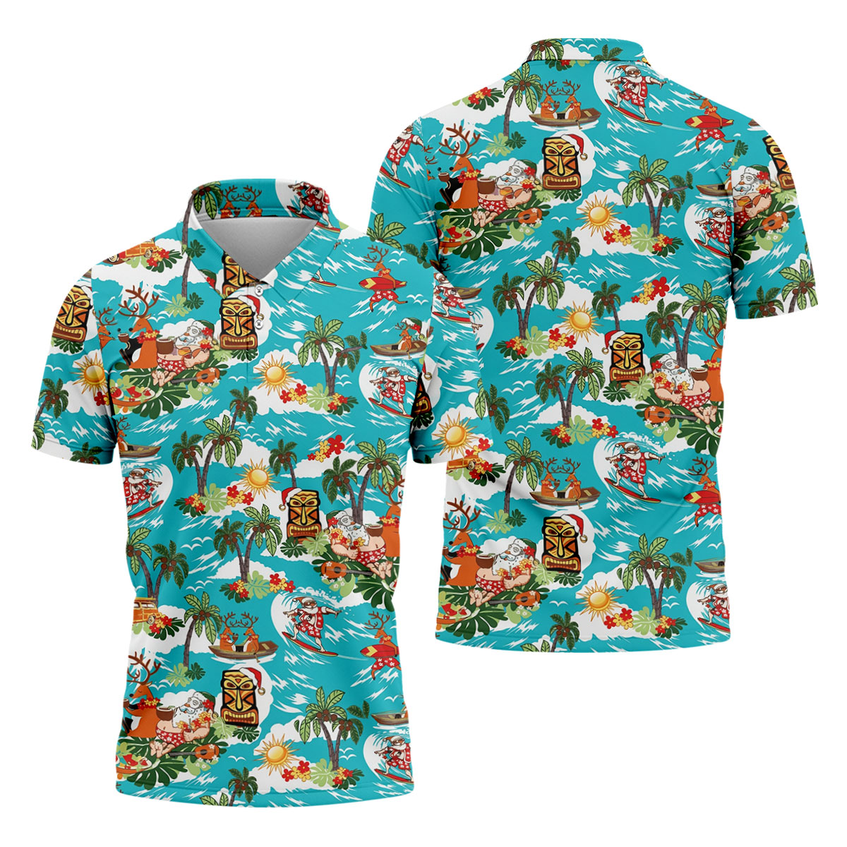 Men's Funny Surfing Santa Hawaiian Golf Shirt, Christmas Golf Shirt, Fun Golf Polo For Men