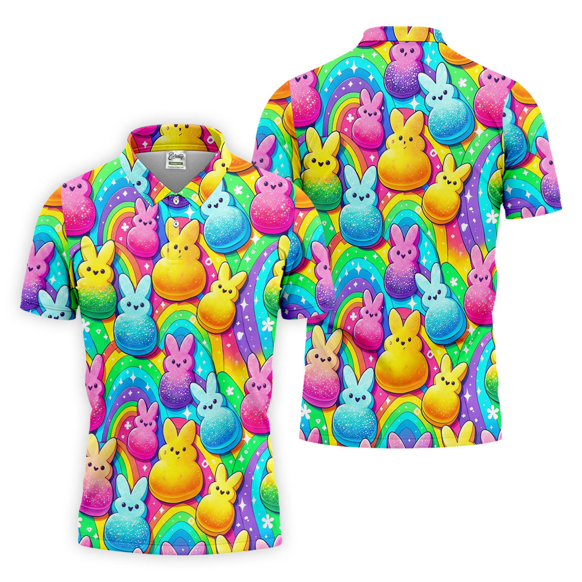 Colorful Easter Peeps Rainbow Pattern Golf Shirts For Men, Cute Golf Outfit, Polo Shirts For Men