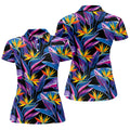 Vibrant Tropical Flowers and Exotic Jungle Leaves Hawaiian Golf Polo, Golf Tops For Women, Golfing Apparel