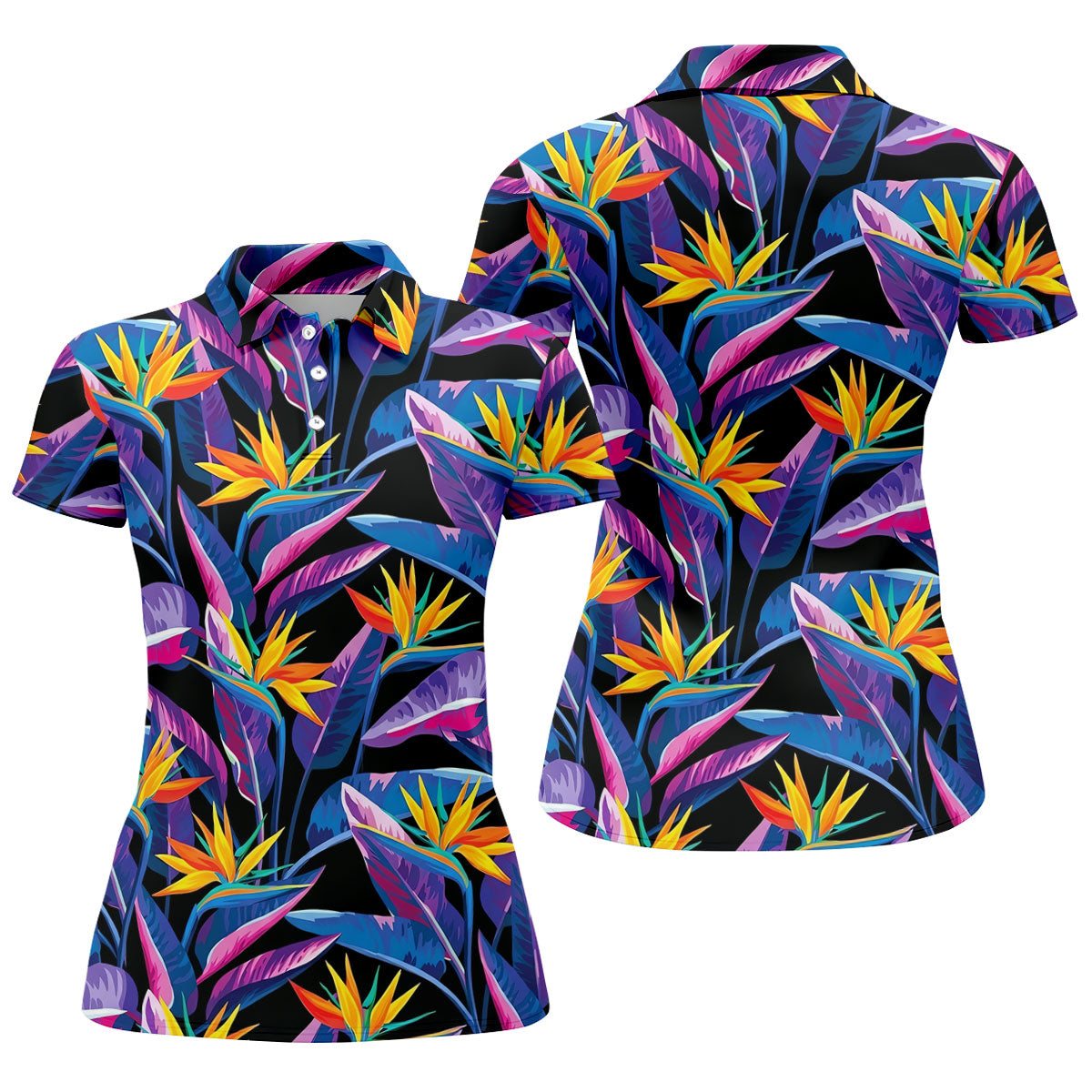Vibrant Tropical Flowers and Exotic Jungle Leaves Hawaiian Golf Polo, Golf Tops For Women, Golfing Apparel