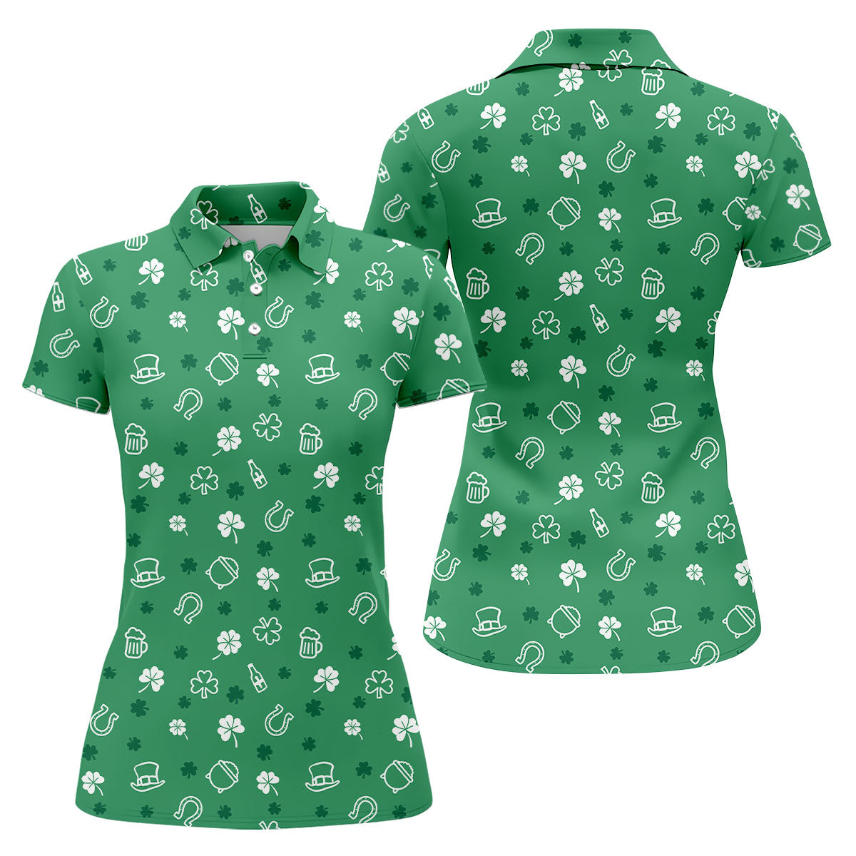 Leprechaun Hat Shamrock Beer Seamless Pattern St. Patrick’s Day Golf Shirt, Women's Golf Tops, Ladies Golf Polos