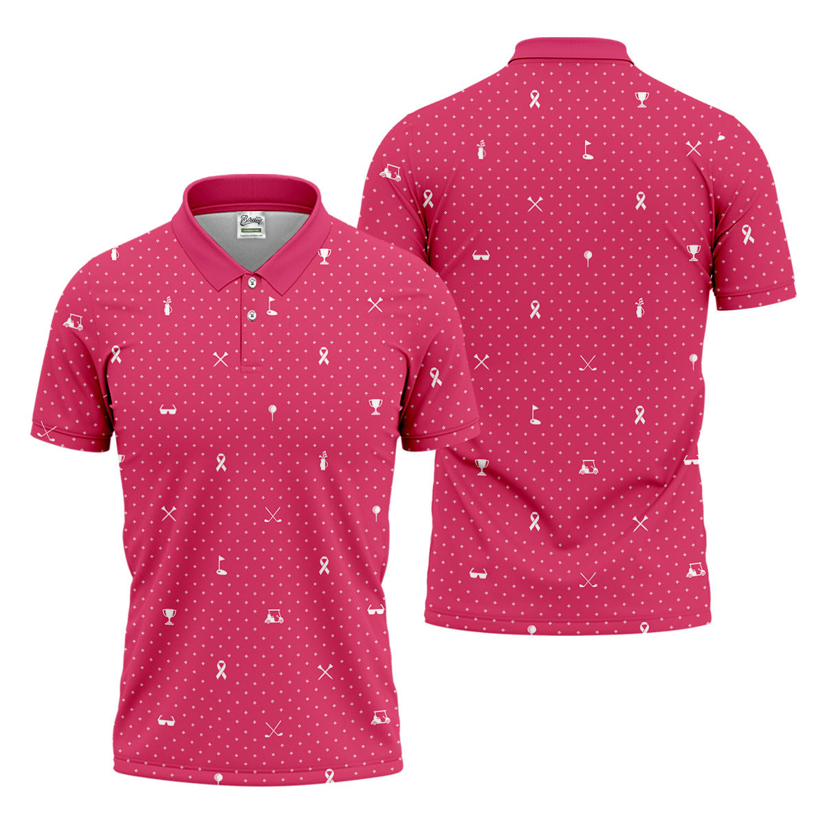 Pink Ribbon Golf Pattern Breast Cancer Polo Shirt, Golf Shirts For Men, Mens Golf Apparel
