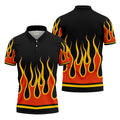 Black Orange Yellow Flame Sleeve Golf Shirt, Mens Golf Polo, Printed Golf Shirts