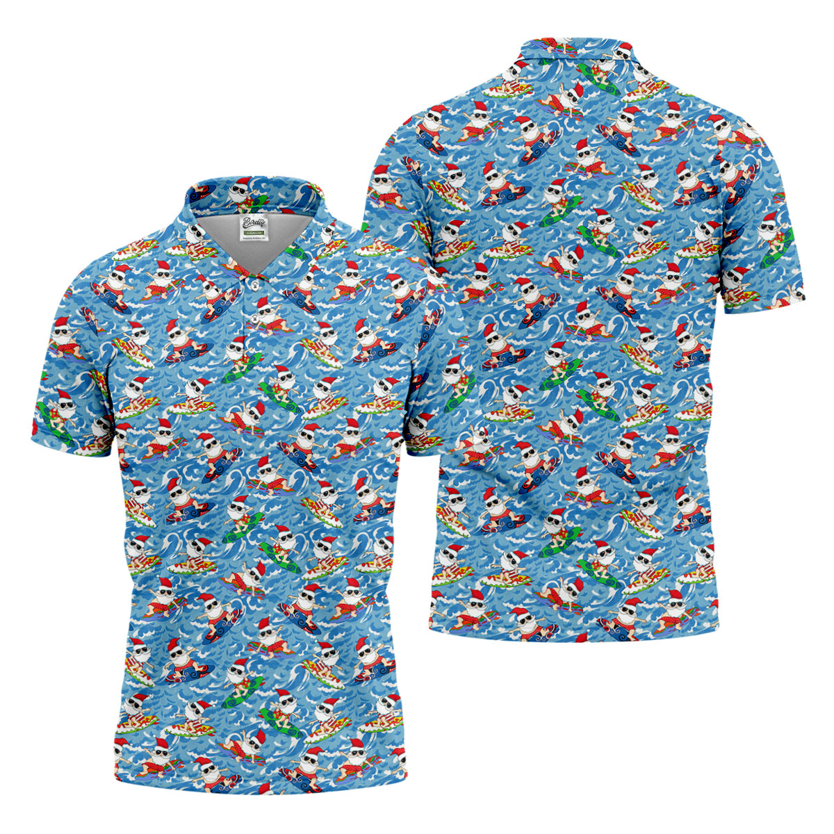 Surfing Santa Christmas Ocean Pattern Polo Shirt, Mens Golf Polo, Christmas Golf Shirt