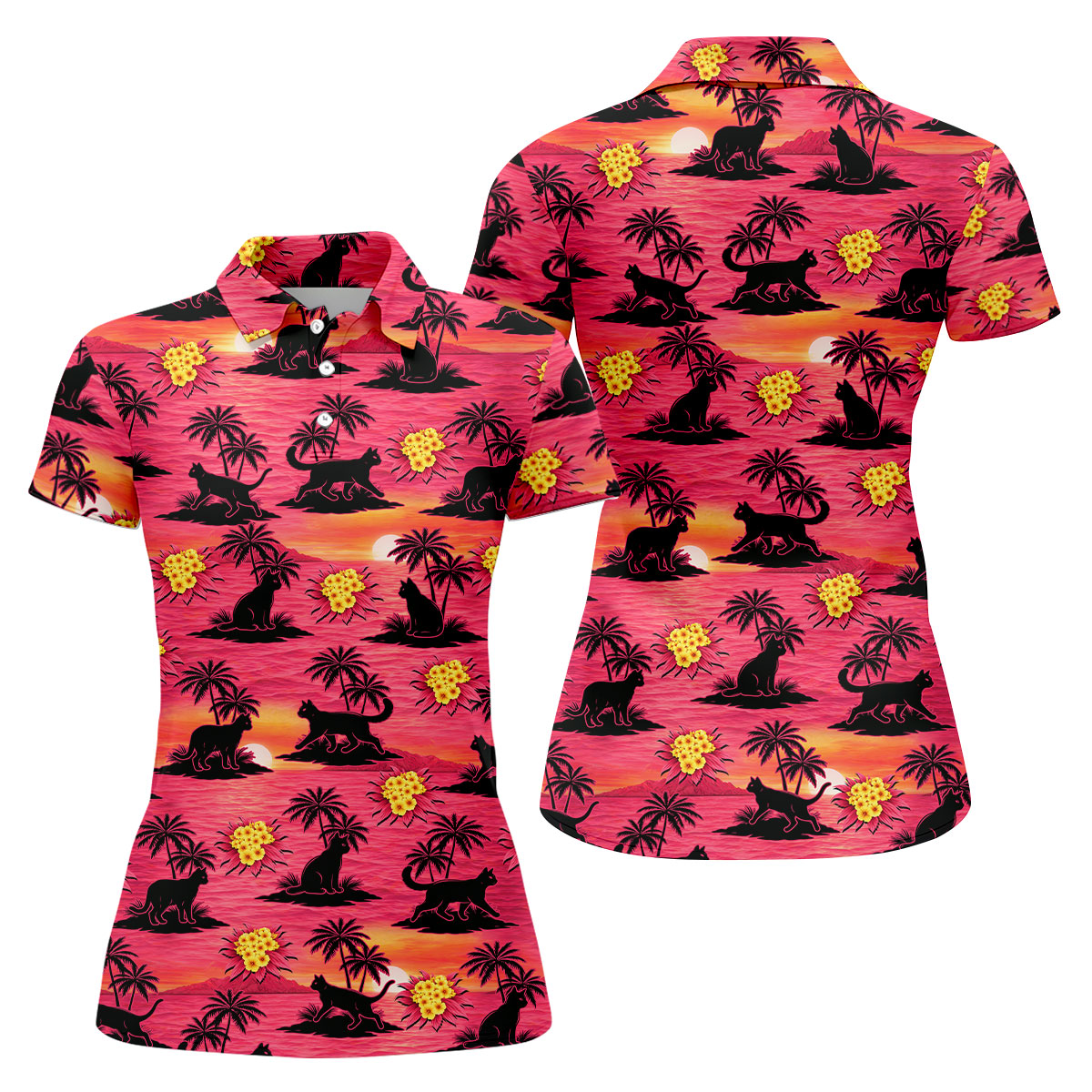 Tropical Cat Sunset Pattern Hawaiian Golf Polo, Golf Tops For Women, Golfing Apparel
