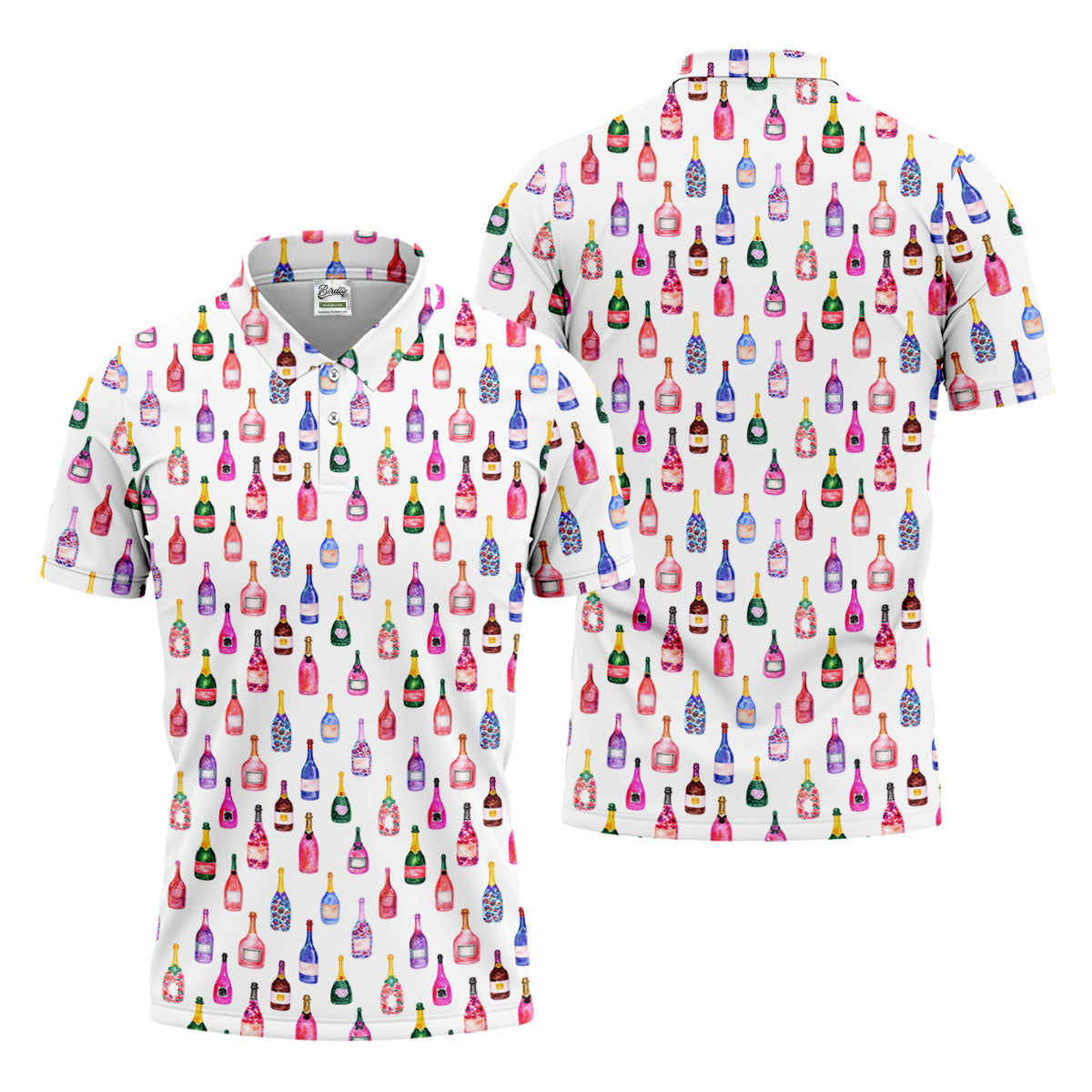 Champagne Bottles Seamless Pattern Watercolor Style Retro Golf Shirt, Polo Shirts For Men, Golf Shirts For Men