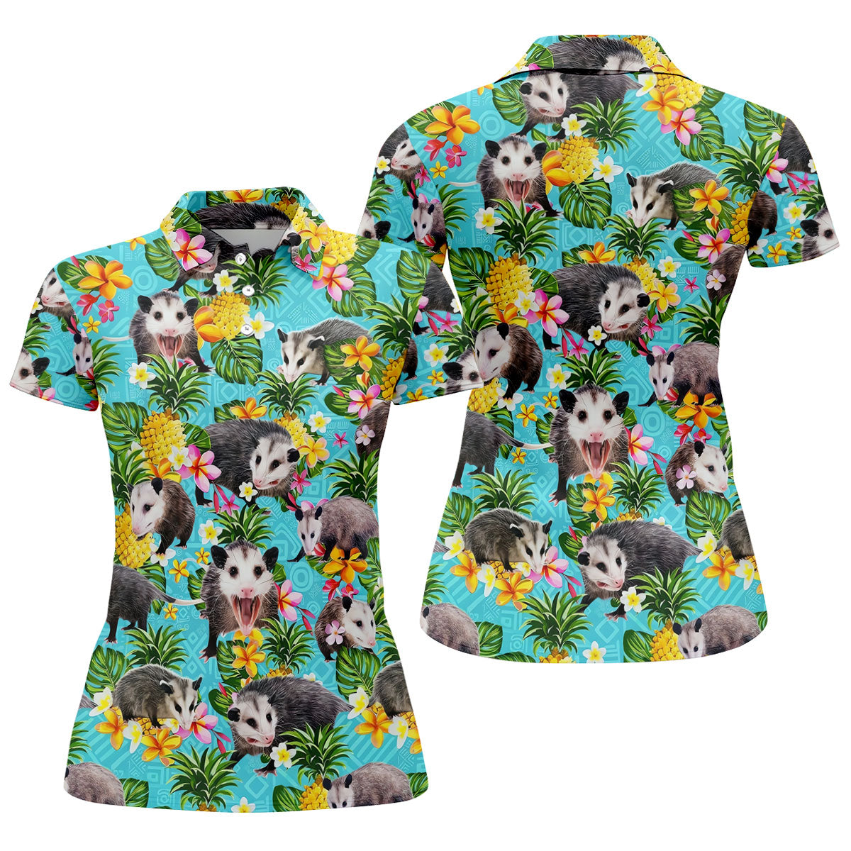 Funny Opossums Among Pineapples Pattern Hawaiian Golf Polo, Golf Tops For Women, Golfing Apparel