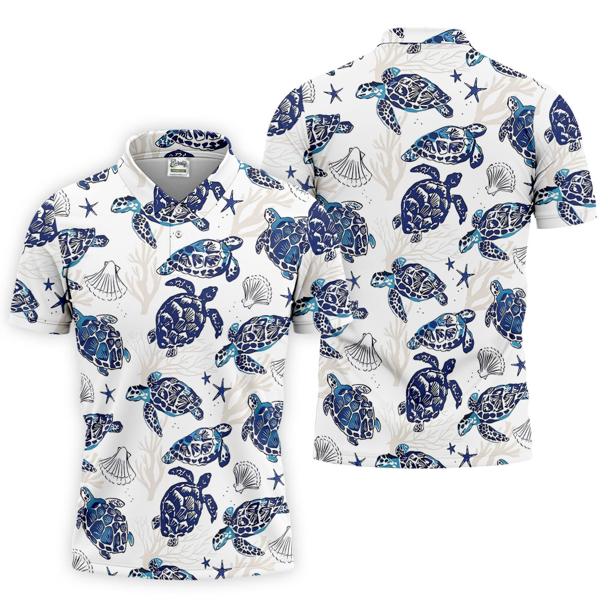 Sea Turtle, Starfish, Seashells and Coral Reef Art Hawaiian Golf Polo, Golf Tops For Men, Golfing Apparel