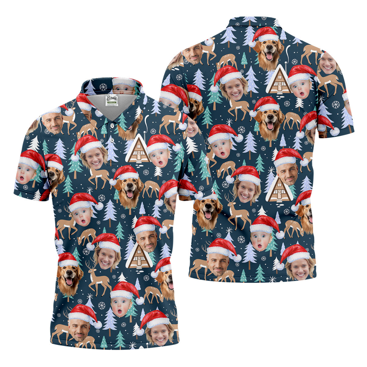 Custom Face Pine Tree Reindeer Dark Teal Green Christmas Golf Shirt, Golf Shirts For Men, Golf Gift For Men