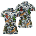 T Rex Surfing Great Wave Golf Polo Shirt, Women's Golf Polo, Golf Shirts For Women