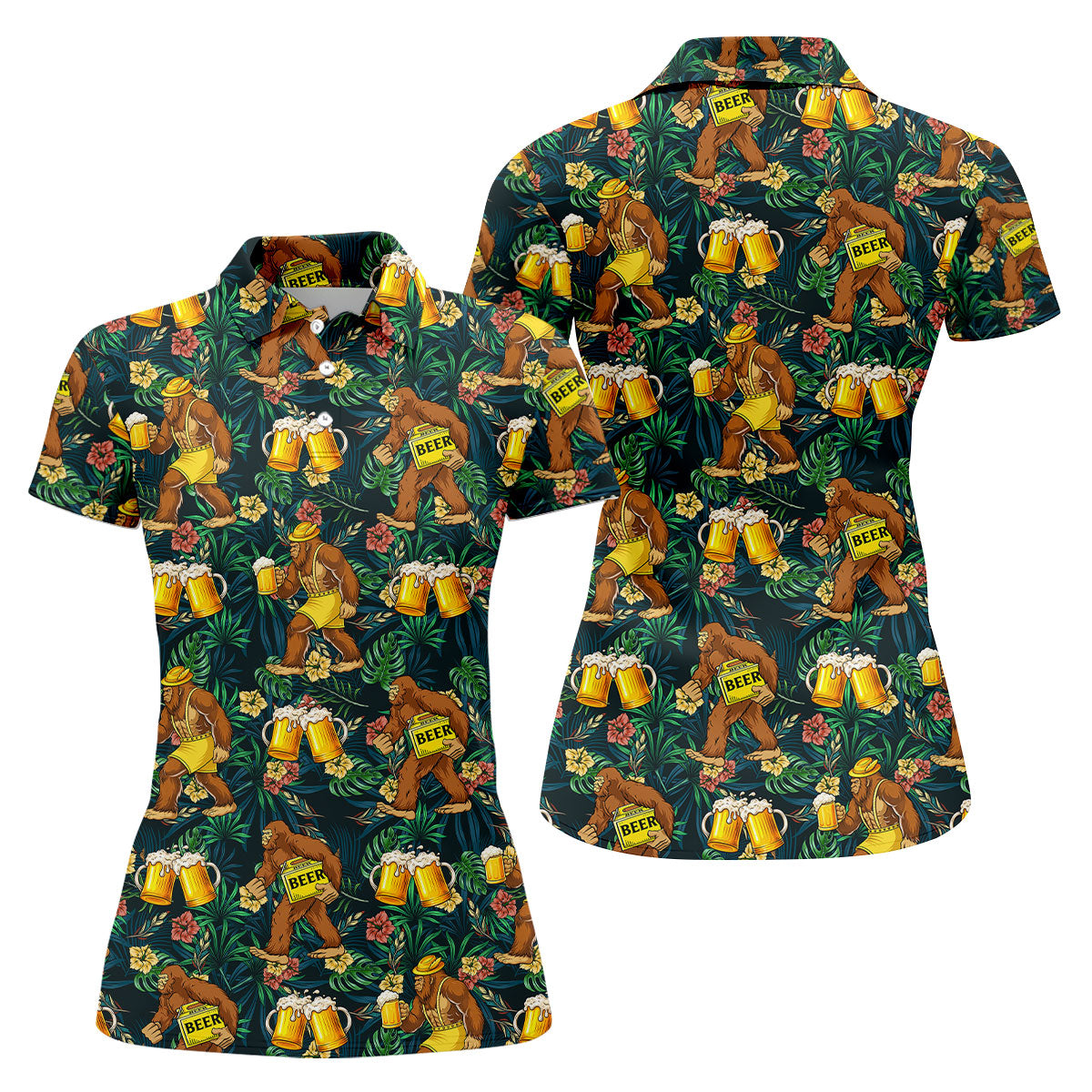 Funny Sasquatch Holding Beer Mugs Hawaiian Golf Polo, Golf Tops For Women, Golfing Apparel