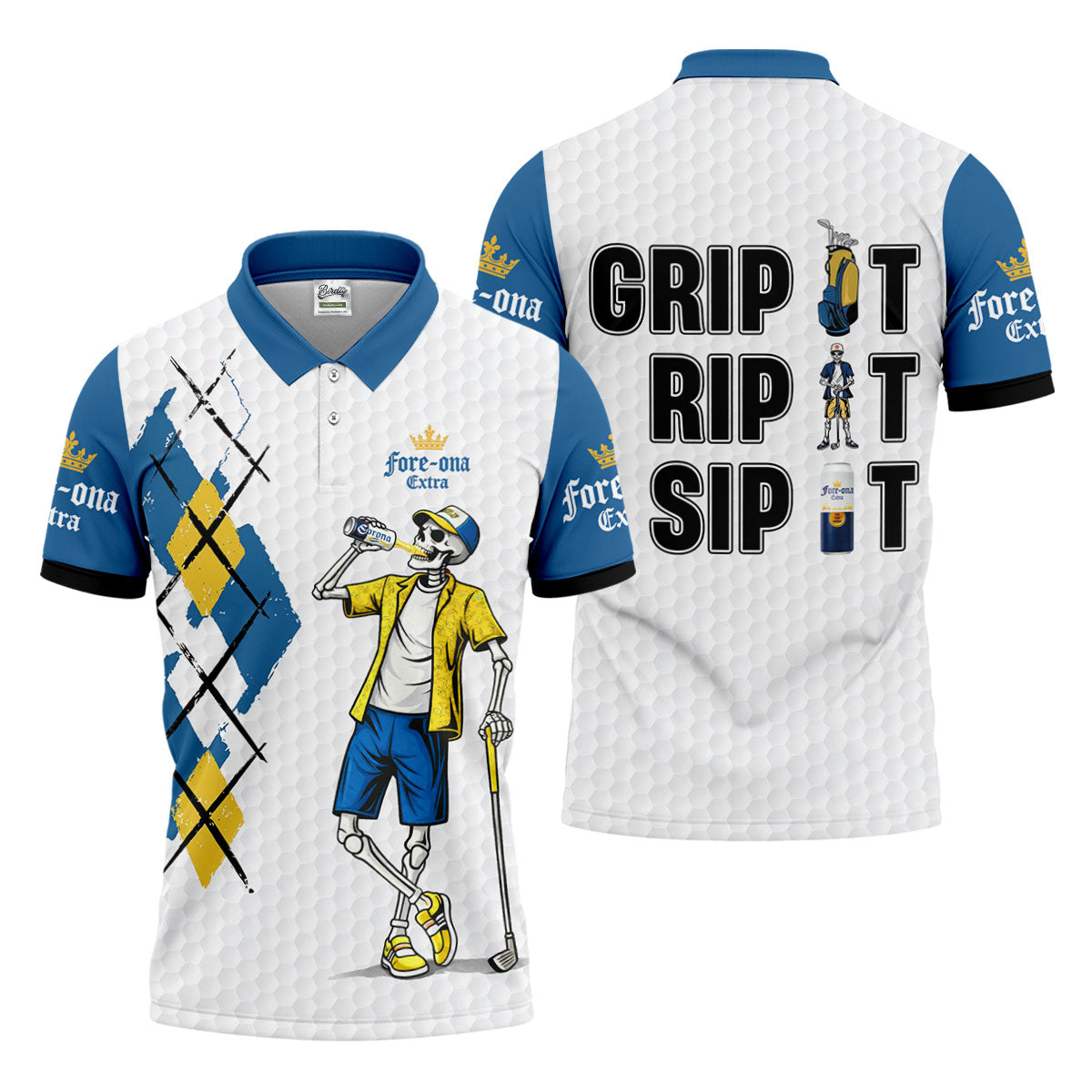 Fore-Ona Extra Blue Yellow Skeleton Golfer Beer Polo Shirt, Mens Golf Polo, Golf Apparel For Men