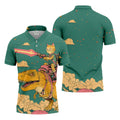 Laser Cat Dinosaur Golf Shirt, Retro Sci Fi T Rex Adventure Pattern, Golf Shirt For Men