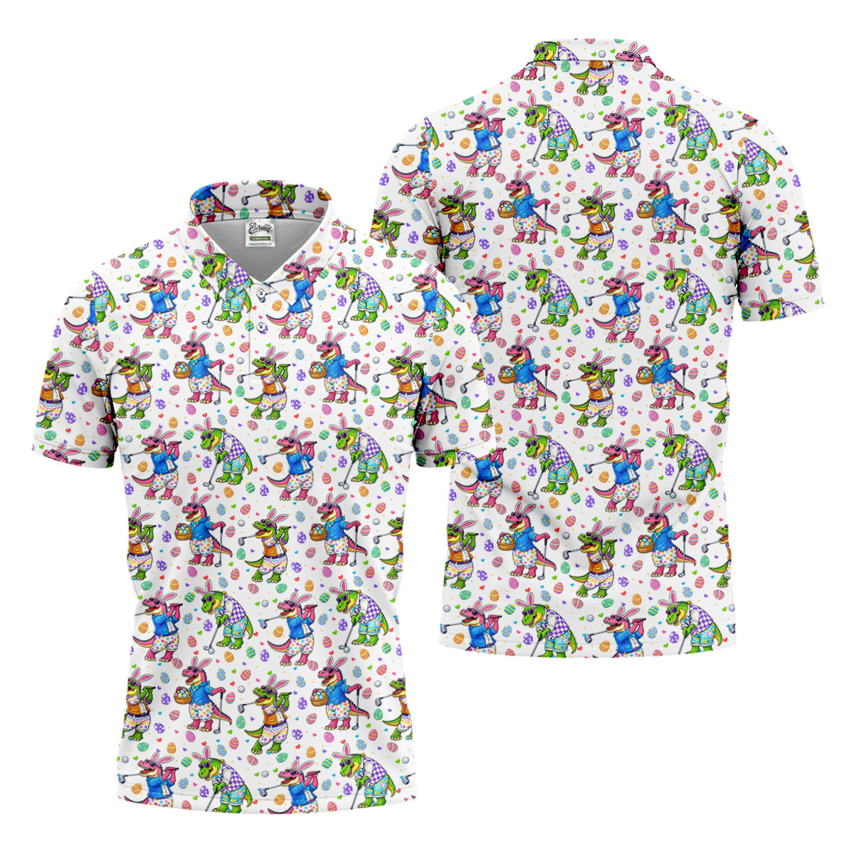 Easter Dinosaur Gradient Pattern Men's Funny Golf Shirts, Golf Shirts For Men, Polo Shirts For Men