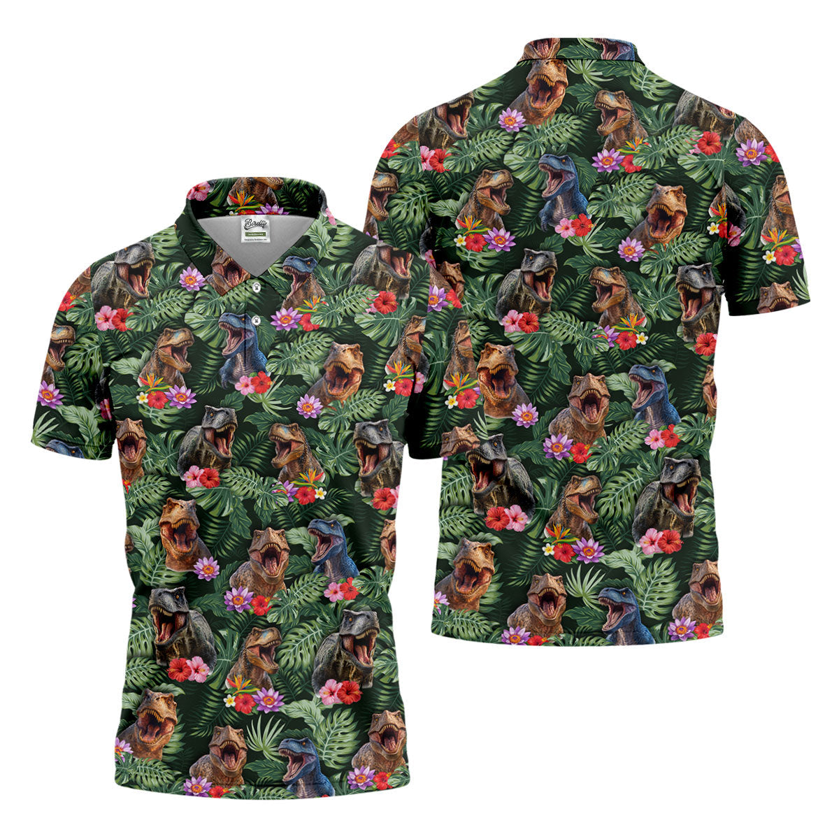Tropical T Rex Floral Pattern Hawaiian Golf Polo, Golf Tops For Men, Golfing Apparel