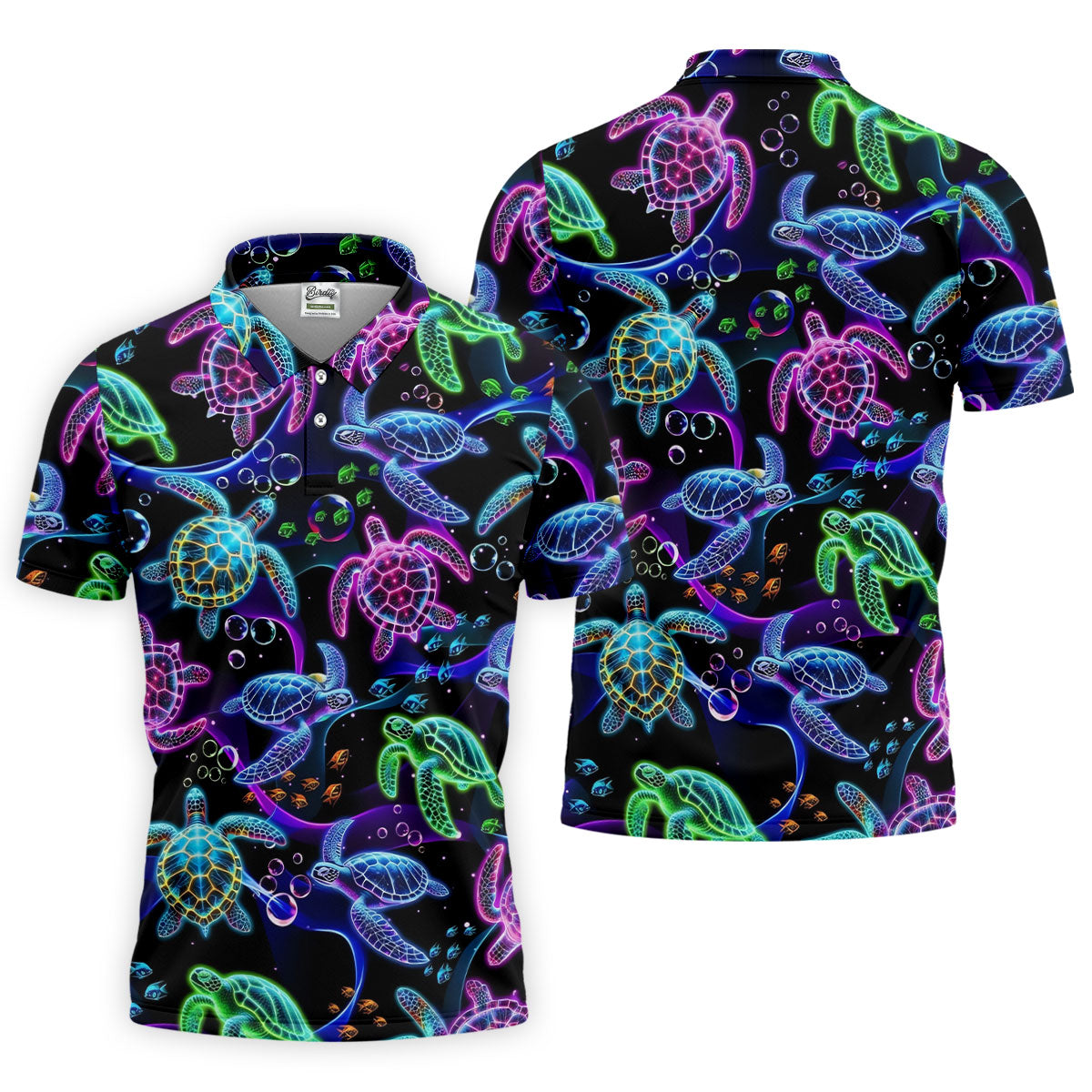 Neon Sea Turtle Ocean Pattern Hawaiian Golf Polo Shirt, Mens Golf Polo, Printed Golf Shirts