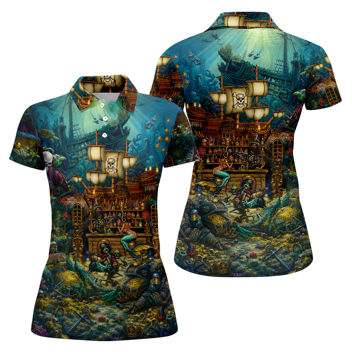 Pirate Life Tiki Pattern Hawaiian Golf Shirt, Women's Golf Tops, Ladies Golf Shirts