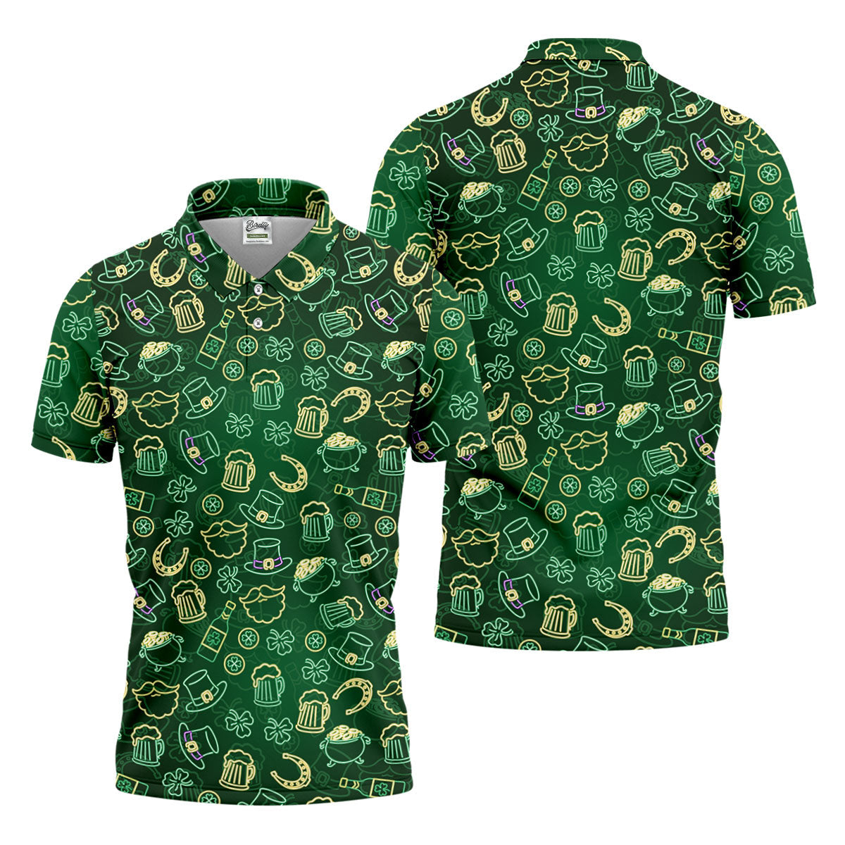 Beer Shamrock Neon Pattern St Patrick's Day Golf Shirt, Golf Tops For Men, Golf Shirts For Men