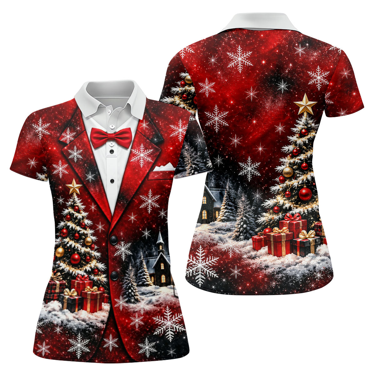 Tuxedo Tree Snowflakes Christmas Golf Shirt, Ladies Golf Shirts, Golf Tops For Women