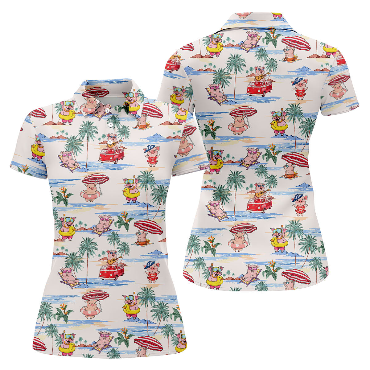 Cute Pig Beach Adventure Hawaiian Golf Polo, Golf Tops For Women, Golfing Apparel