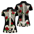Skeleton Rib Cage And Red Roses Halloween Polo Shirt, Golf Tops For Women, Women’s Golf Polo