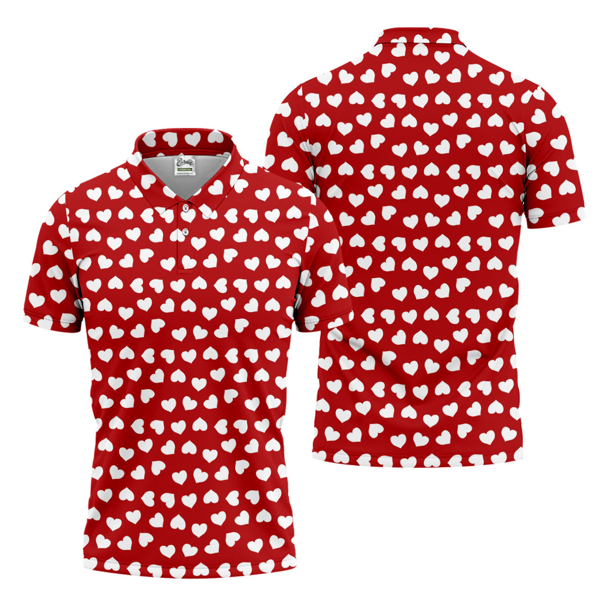White And Red Heart Pattern Golf Tops For Men, Valentine Golf Gift, Polo Shirts For Men, Golf Gift For Men