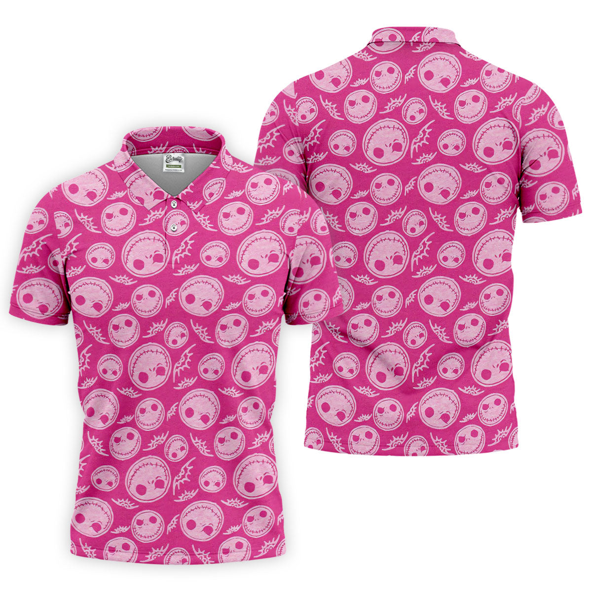 Pink Stitched Skull Halloween Golf Polo Shirt, Golf Shirts For Men, Mens Golf Apparel
