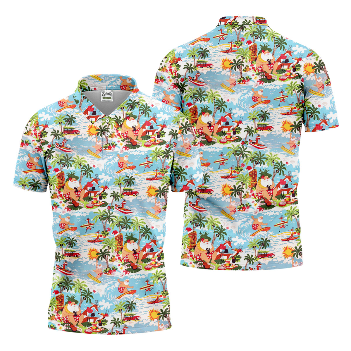 Surfing Santa Tropical Christmas Golf Shirt, Beach Reindeer Holiday Polo, Hawaiian Golf Shirt, Printed Golf Shirts