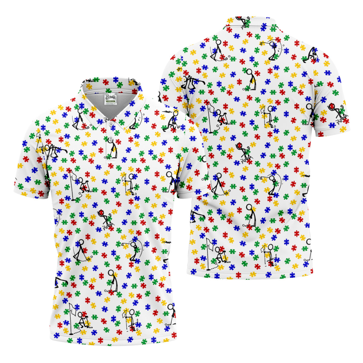 Funny Stick Figure Autism Puzzle Polo Shirts For Men, Autism Awareness Golf Shirt, Golfing Apparel