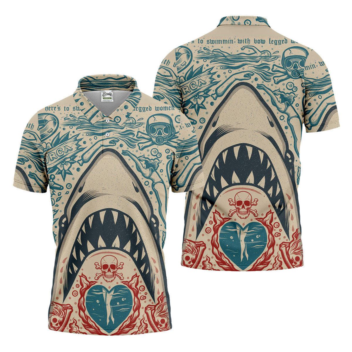 Vintage Shark Jaw Tattoo Art Golf Polo Shirt, Golf Shirts For Men, Printed Golf Shirts