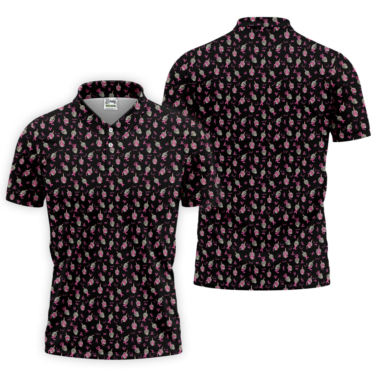 Skeleton Middle Finger Breast Cancer Polo Shirt, Polo Shirts For Men, Mens Golf Apparel