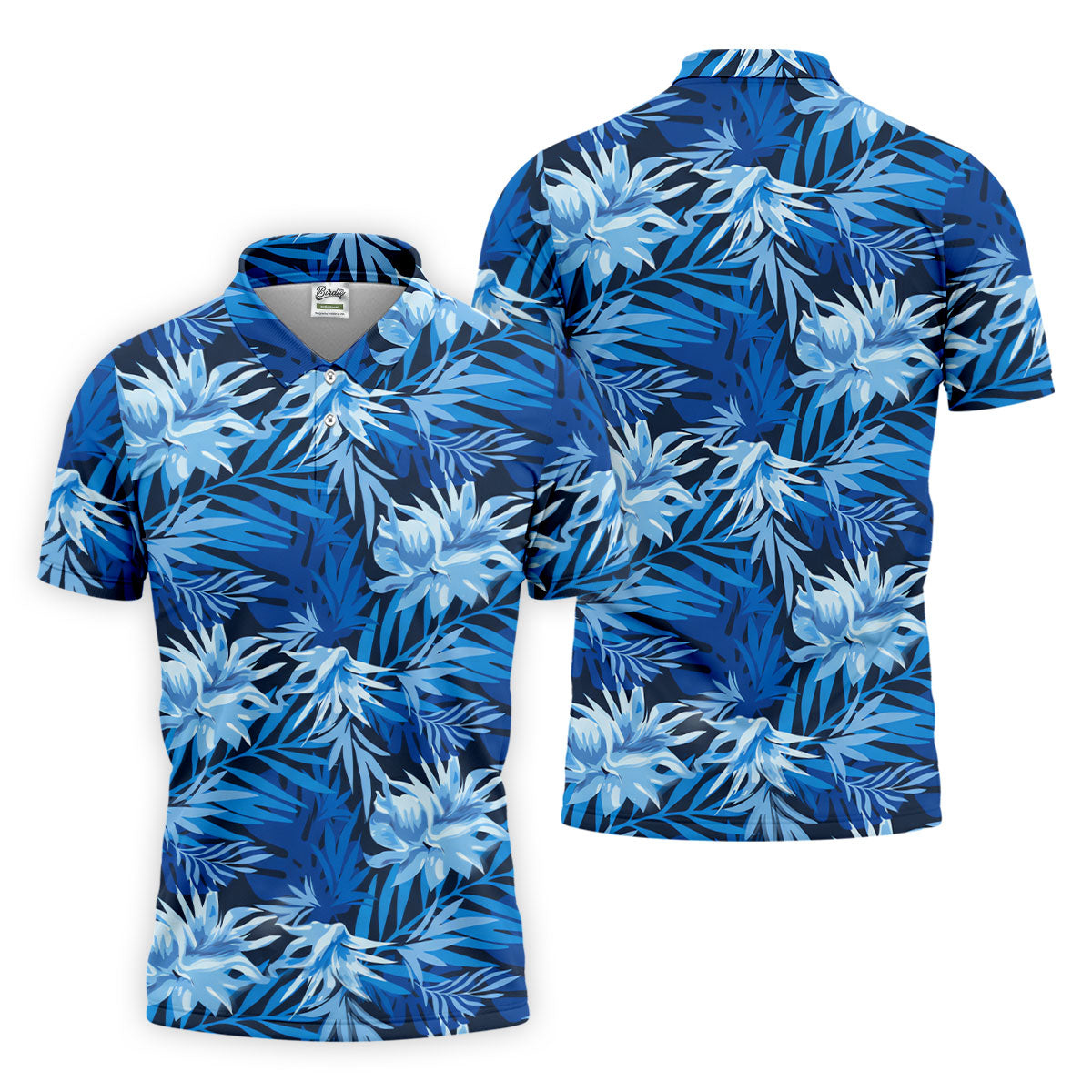 Blue Tropical Hibiscus Floral Golf Shirt, Mens Polo Shirts, Golf Apparel For Men