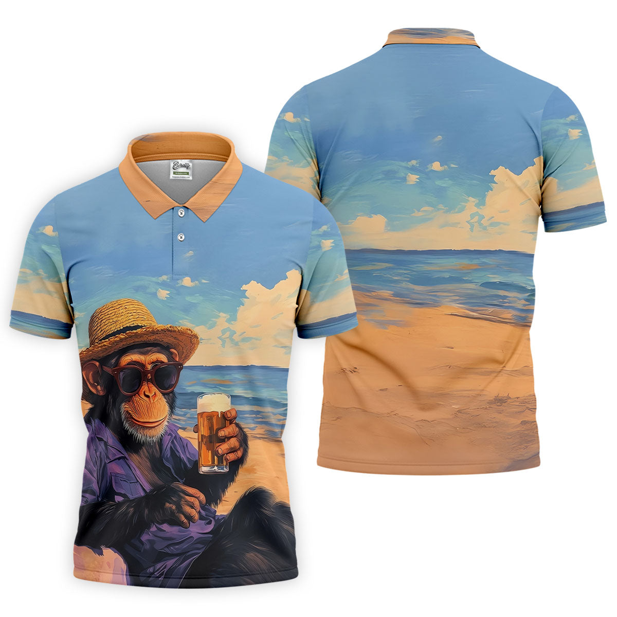 Beach Monkey Sky Sand Hawaiian Golf Polo, Golf Tops For Men, Golfing Apparel