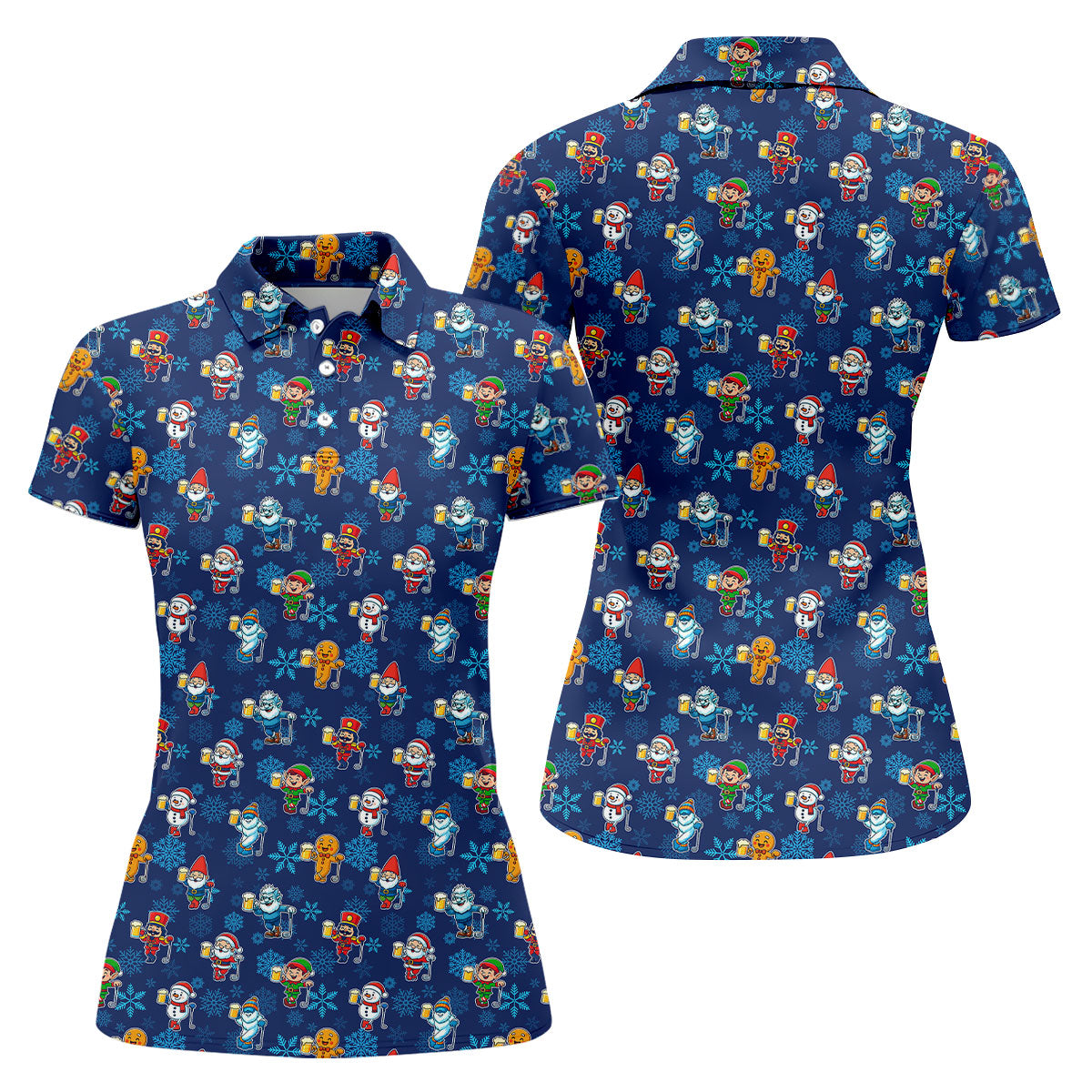 Christmas Characters Golf And Beer Navy Women's Funny Golf Shirts, Christmas Golf Shirt, Polo Shirts For Women