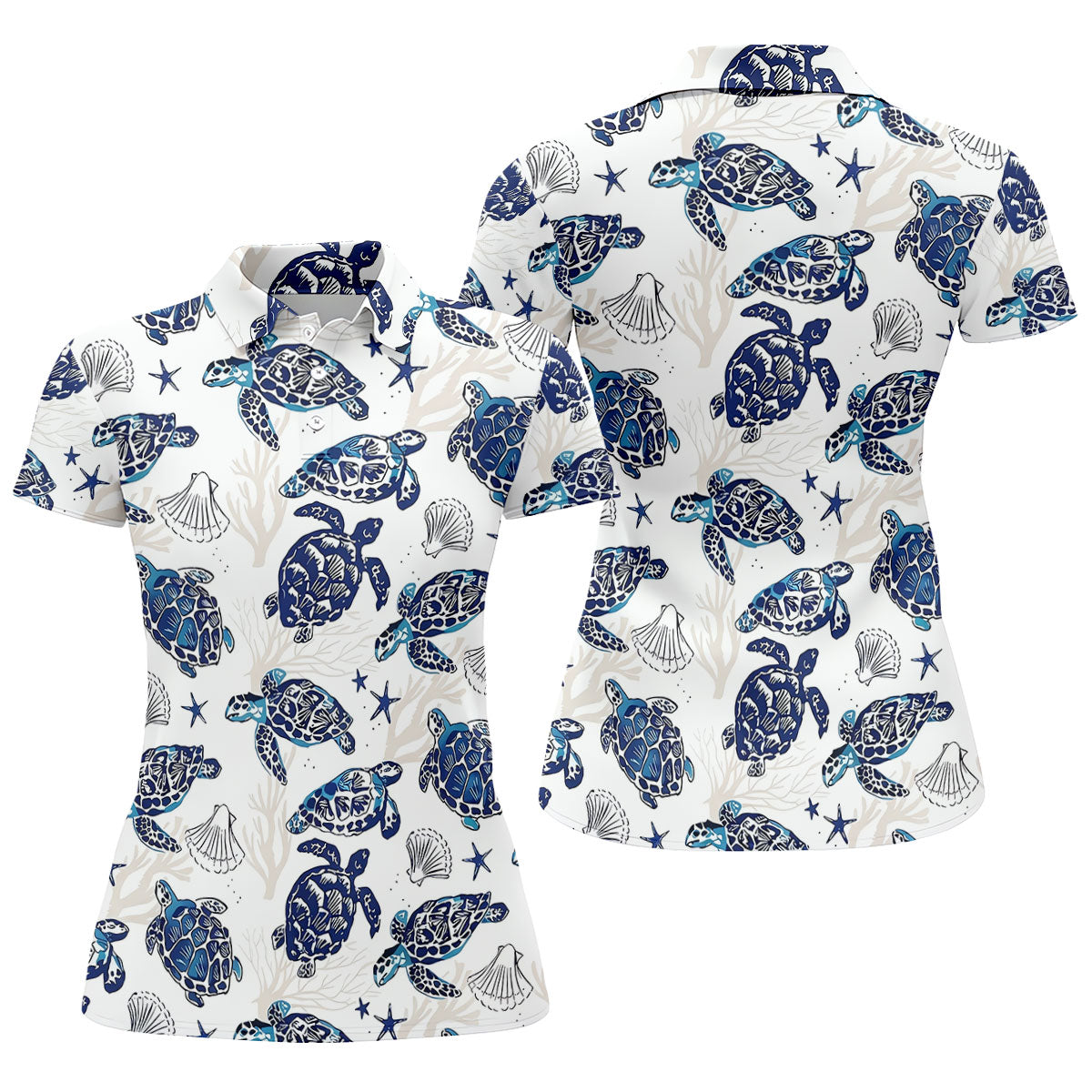 Sea Turtle, Starfish, Seashells and Coral Reef Art Hawaiian Golf Polo, Golf Tops For Women, Golfing Apparel