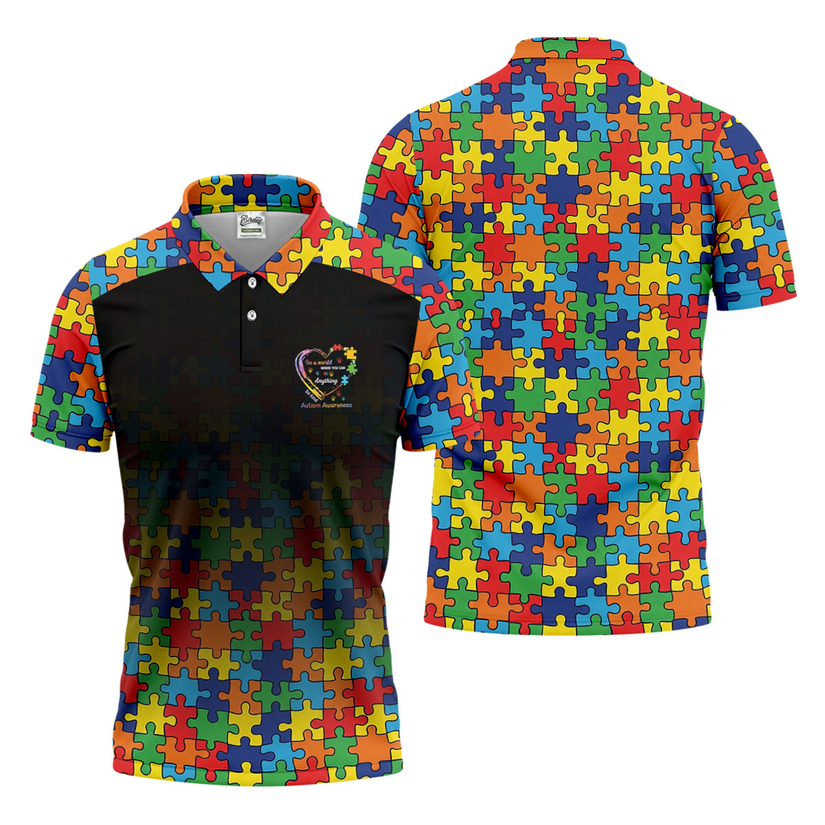 In A World Where You Can Be Anything Be Kind Autism Awareness Puzzle Pattern Black Fade Men's Golf Shirt