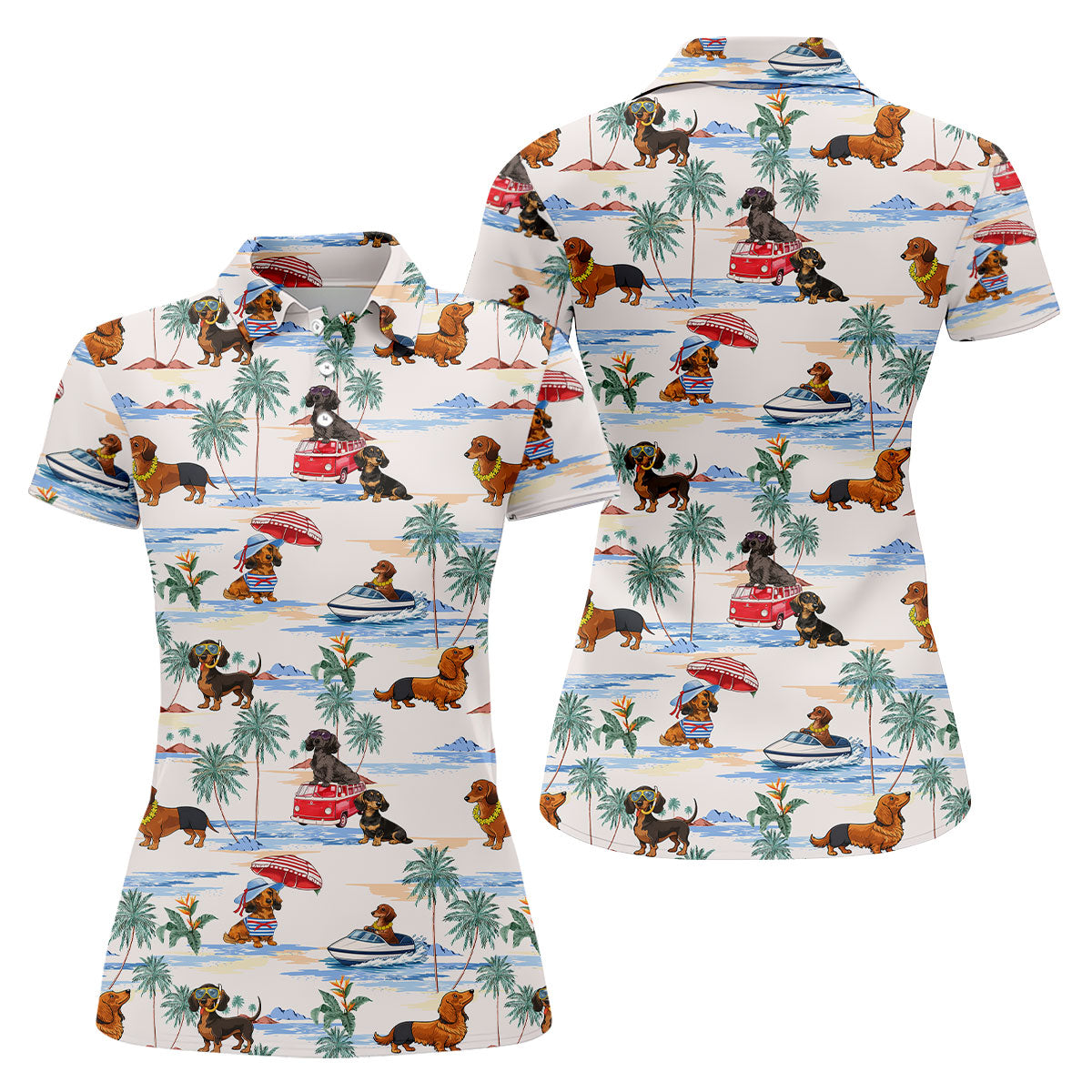 Tropical Dachshund Beach Pattern Hawaiian Golf Polo, Golf Tops For Women, Golfing Apparel