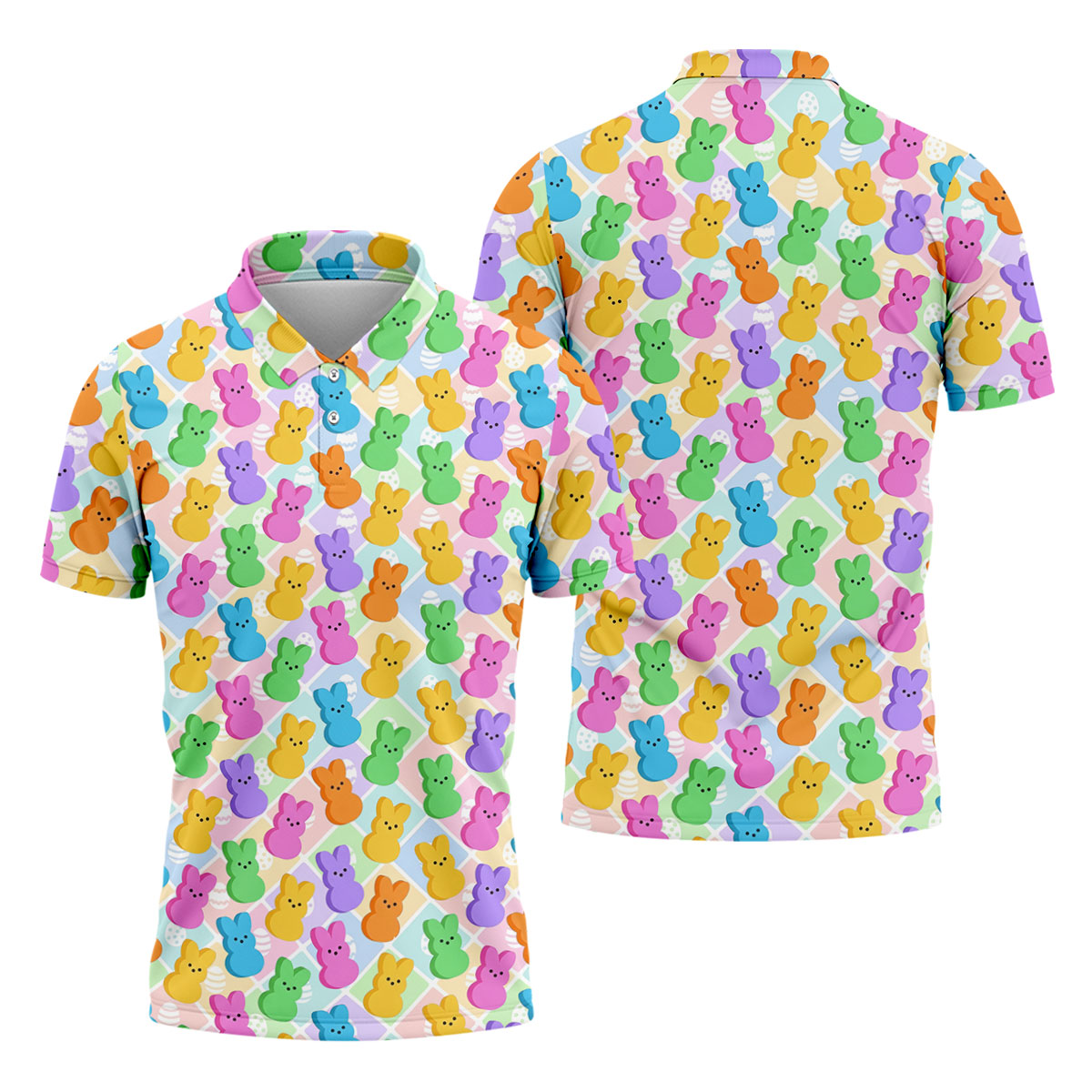 Pastel Easter Peeps Colorful Checkered Golf Shirts For Men, Cute Golf Outfit, Polo Shirts For Men