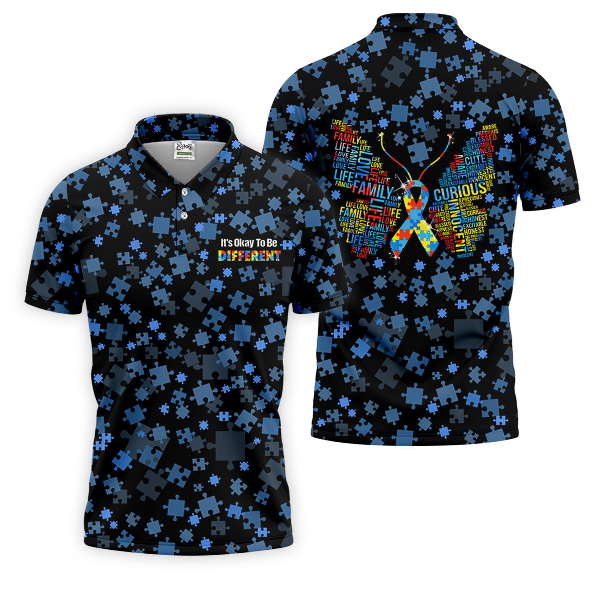 It's Okay To Be Different Autism Awareness Black And Blue Puzzle Pattern Golf Tops For Men, Polo Shirts For Men