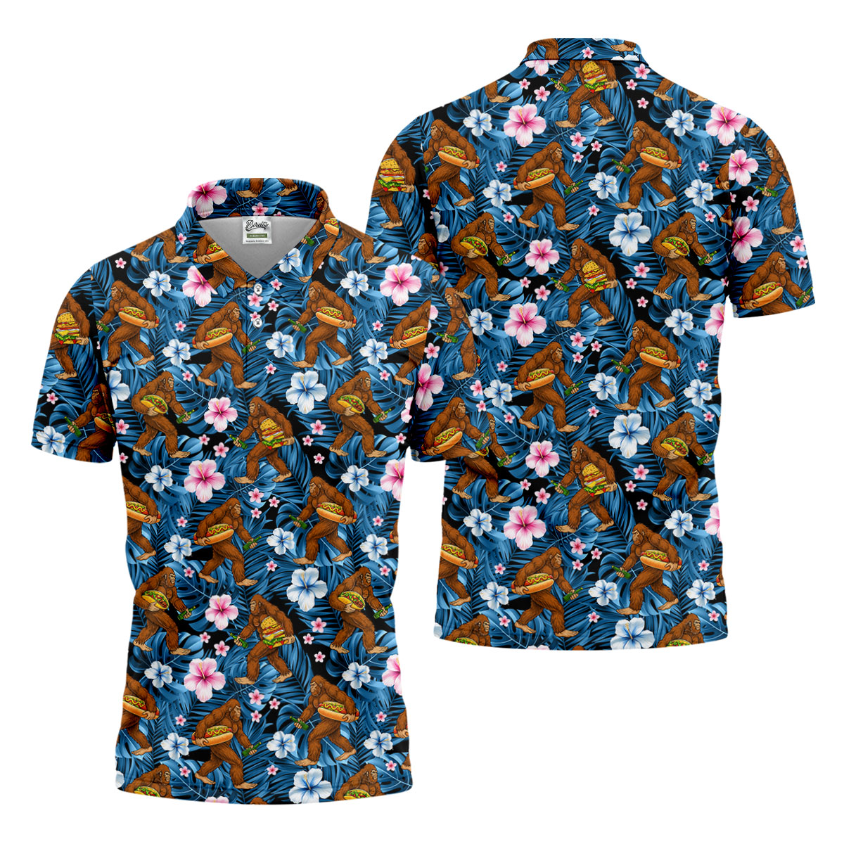 Tropical Bigfoot Burger Party Pattern Hawaiian Golf Polo, Golf Tops For Men, Golfing Apparel