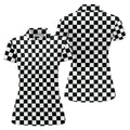 Black White Checkerboard Racing Pattern Golf Shirt, Ladies Golf Shirts, Golf Polo For Women, Performance Golf Shirt