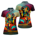 Abstract Colorful Cat Halloween Golf Polo Shirt, Women's Golf Tops, Golf Polo For Women